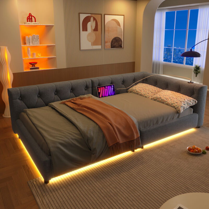 Lit Banquette 90×200 cm, Lit Simple avec LED Réglable, USB, Type-C et Tête de Lit Capitonnée, sans Matelas, en Lin, Gris