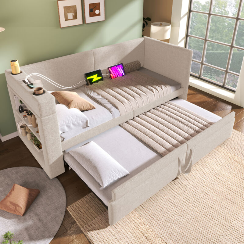 Modenvie Schlafsofa 90x200 Mit Ausziehbett Und Getränkehalter, daybett Mit Usb&type-c Ladeanschluss Und Stauruam, einzelbett Aus Leinen, ohne Matratze, beige