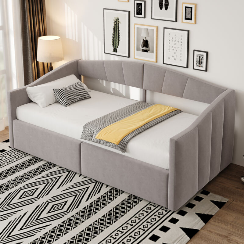 Modenvie Polsterbett 90×200 Cm, Schlafsofa Mit Hydraulischer Lagerung, Lattenrost Und Armlehnen, Samtstoff, Hellgrau