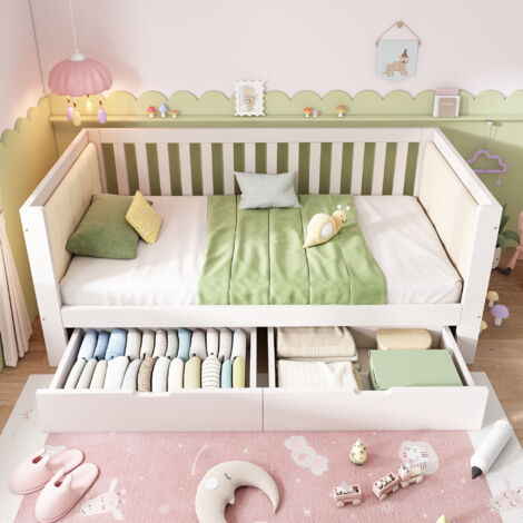 Lit banquette 90x190 cm Lit coffre enfant avec 2 tiroirs de rangement - Canapé lit en bois pour studio et petite chambre - blanc