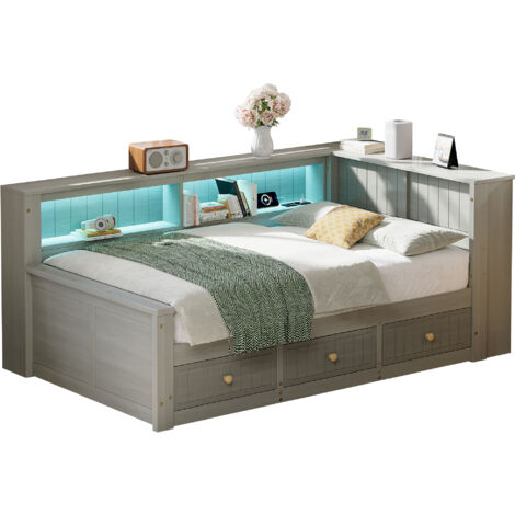 Lit banquette 90x200 avec niches de rangement et 3 tiroirs, structure gain de place pour chambre ou salon, bois, gris