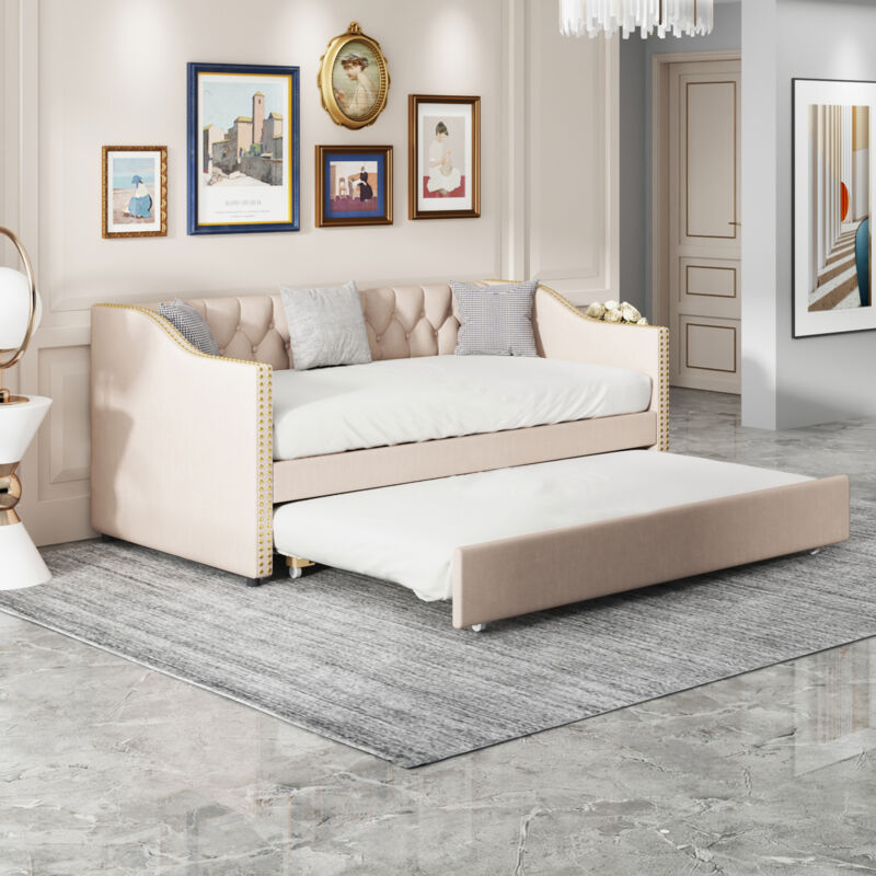Modernluxe - Lit gigogne lit banquette 90x200cm en lin avec sommier à lattes - Beige