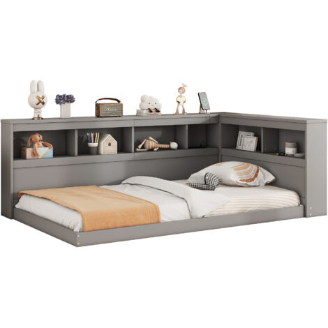 Lit banquette 90x200 cm en panneaux de particules/MDF gris, sommier à lattes inclus, avec prise et 2 USB