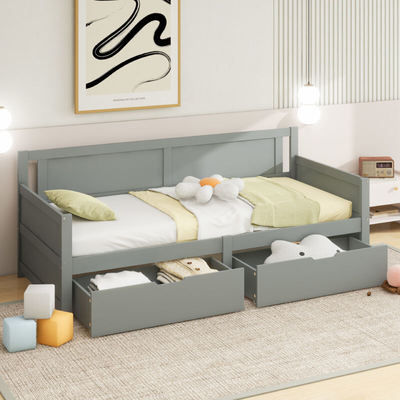 Lit banquette 90x200cm - avec 2 tiroirs - en bois massif - Gris Lit banquette 90x200cm - avec 2 tiroirs - en bois massif - Gris