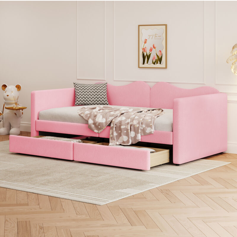 Modernluxe - Lit banquette 90x200cm avec 2 tiroirs - en velours tiddy - Rose