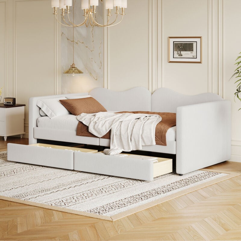 Modernluxe - Lit banquette 90x200cm avec 2 tiroirs - en velours tiddy - Blanc