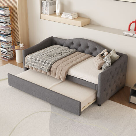 Lit banquette 90x200cm + lit gigogne 90x190cm - capitonné en tissu lin - Gris (matelas non inclus)