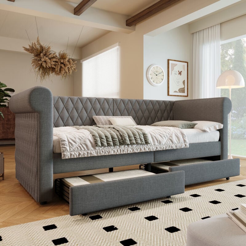 Modernluxe - Lit banquette avec 2 tiroirs en tissu lin - 90x200cm - avec sommier à lattes - Gris