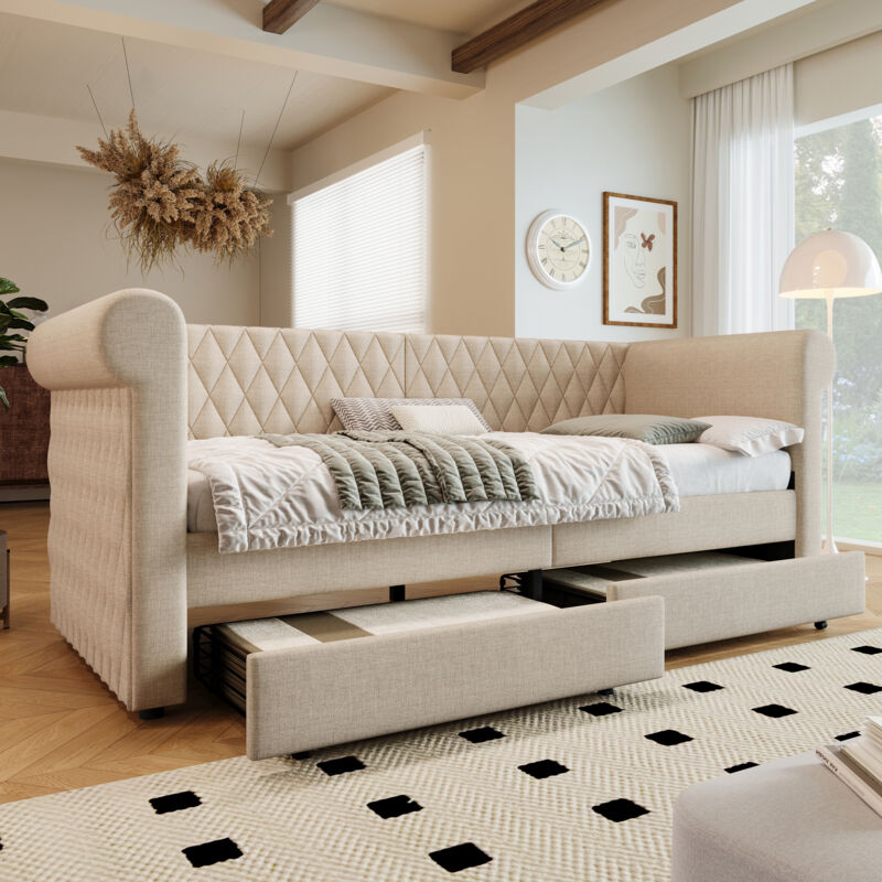 Modernluxe - Lit banquette avec 2 tiroirs en tissu lin - 90x200cm - avec sommier à lattes - Beige