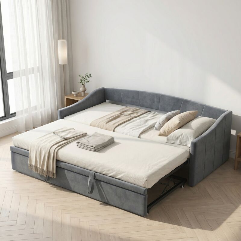 Lit Banquette Convertible 90x200 cm en Velours Gris - Canapé-Lit Gigogne - Extensible en Lit Double 180x190 cm - Sommier à Lattes