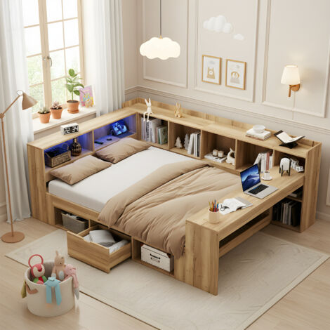 Lit banquette double 140x200 cm en bois naturel structure en L avec LED, USB, tiroir, bureau et étagères, lit multifonction gain de place