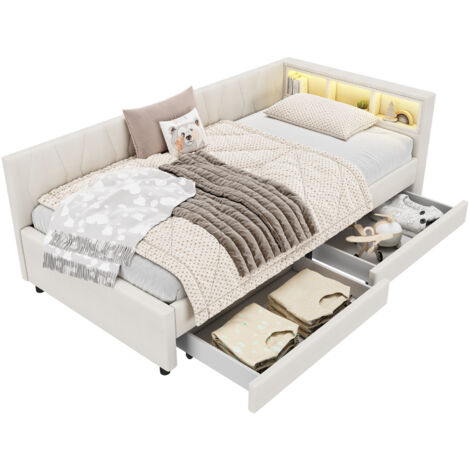 Lit banquette en lin beige 90x200 cm avec LED, ports USB/Type-C, rangements et sommier à lattes inclus