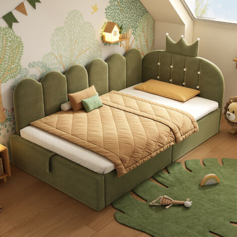 Lit banquette en velours vert 90x190 cm avec rangement hydraulique et sommier à lattes