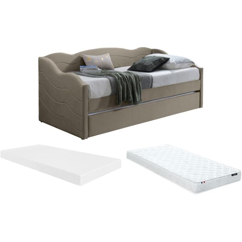 Vente-unique - Lit banquette gigogne 2 x 90 x 190 cm - Velours - Taupe + Matelas - lenvia
