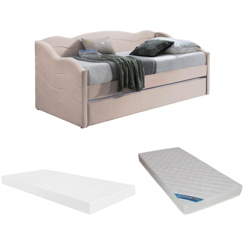 Lit banquette gigogne 2 x 90 x 190 cm - Velours - Rose + Matelas - lenvia