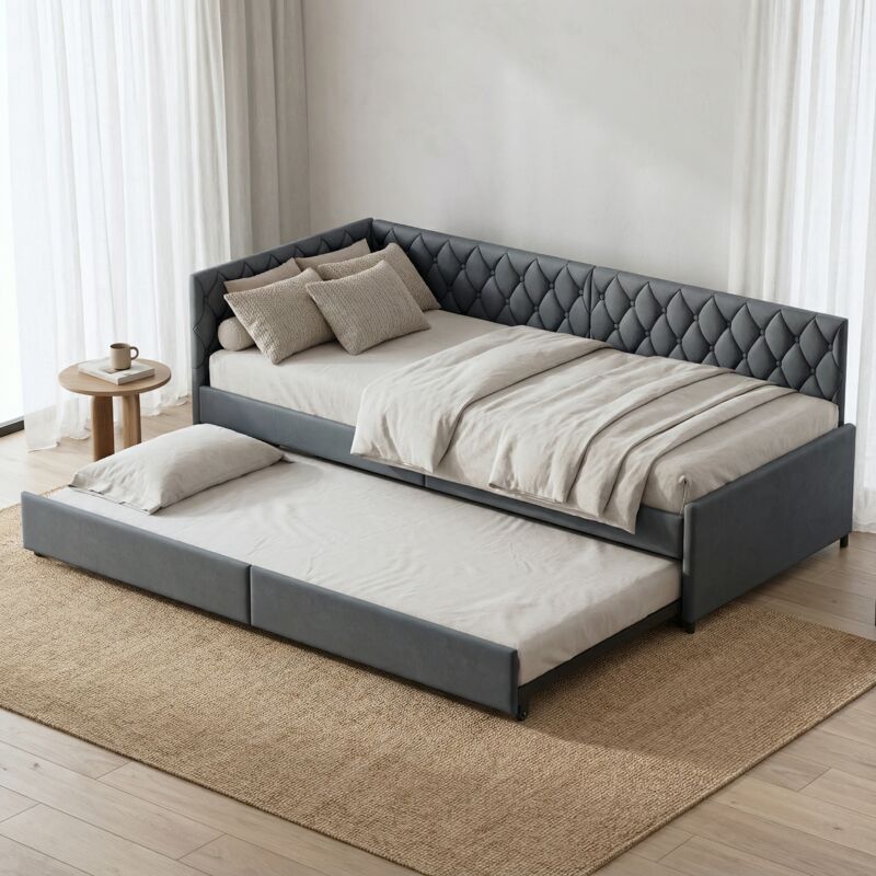 Fortuna Lai – Lit banquette gigogne 90x200 cm en velours gris foncé – Canapé-lit convertible avec dossier capitonné – Couchage extensible 2 places