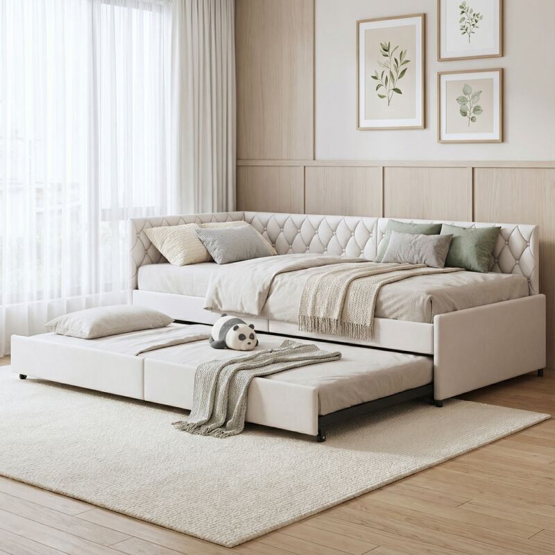 Fortuna Lai – Lit banquette gigogne 90x200 cm en velours beige – Canapé-lit extensible avec sommier à lattes – Tête de lit capitonné – Structure en