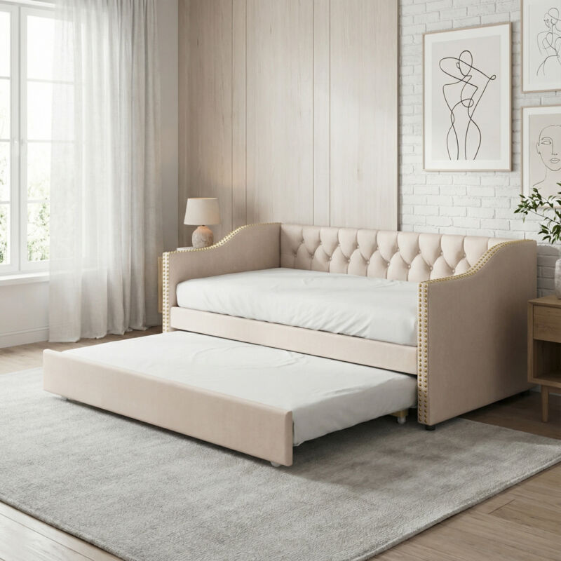 Lit Banquette Gigogne 90x200cm Design Chesterfield - Canapé-lit 2 en 1 en Tissu lin Beige Capitonné(90x200cm, Beige)