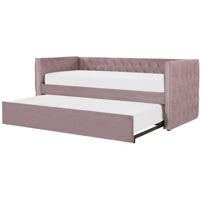 Lit Gigogne 90 x 200 cm Rembourré en Velours Rose et Capitonné au Style Glamour Idéal pour Votre Chambre à Coucher ou Chambre d'Adolescent Beliani