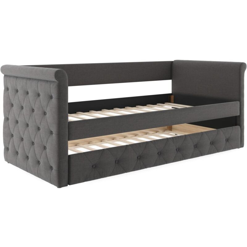 Vente-unique - Lit banquette gigogne capitonné louise - 2x90x190cm - tissu gris