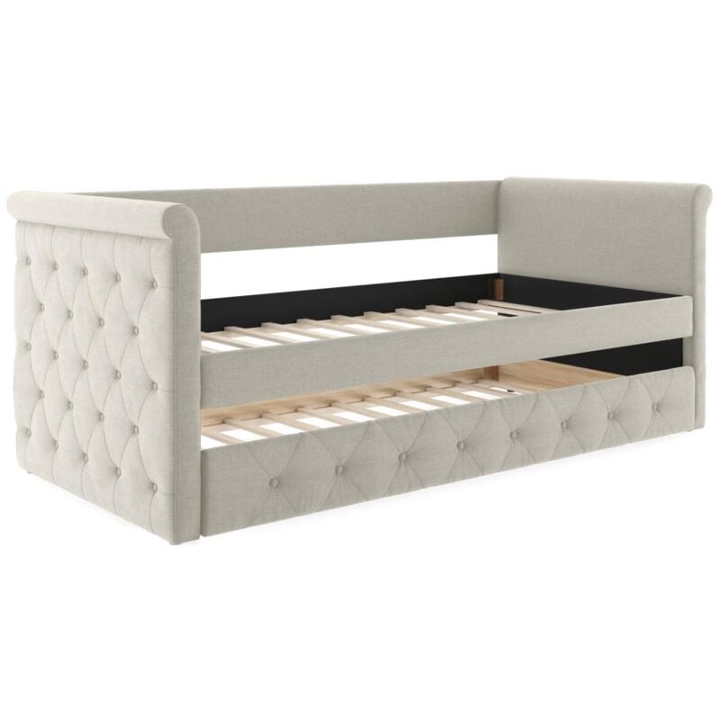 Lit banquette gigogne capitonné - 2 x 90 x 190 cm - Tissu - Beige - LOUISE