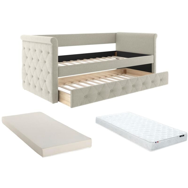 Vente-unique - Lit banquette gigogne capitonné - 2 x 90 x 190 cm - Tissu - Beige + Matelas - louise