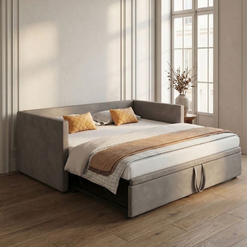 Lit Banquette Gigogne Extensible 90 à 180x200 cm, Canapé-Lit 2 Places en Velours, Sommier à Lattes - Gris