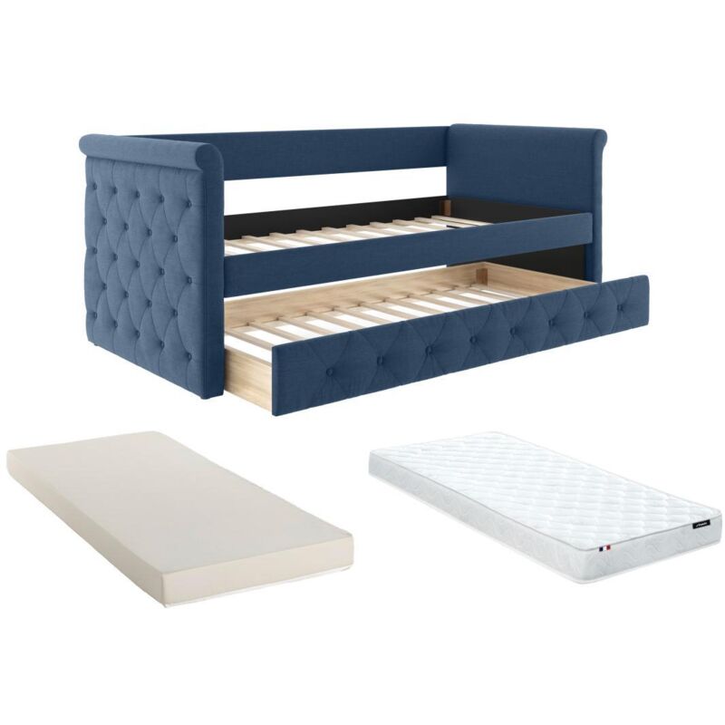 Vente-unique - Lit banquette gigogne louise - 2x90x190cm - Tissu bleu + matelas