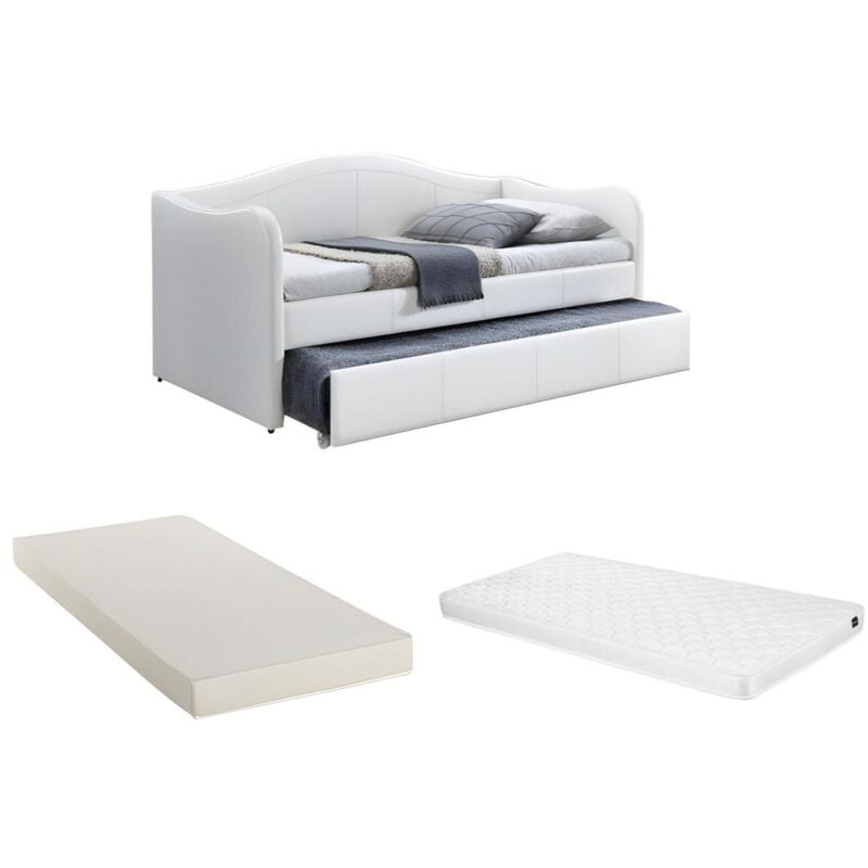Lit banquette gigogne MATHILDE - 2 x 90 x 190 cm - Simili - Blanc + matelas