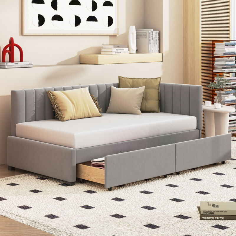 Lit banquette rembourré en velours 90x200cm - avec 2 grands tiroirs et sommier à lattes - Gris