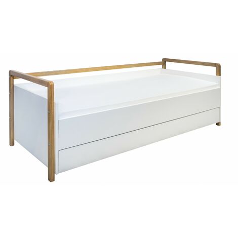 Lit banquette scandinave avec tiroirs blanc et bois de chêne vernis Vanika 80x180-Matelas mousse