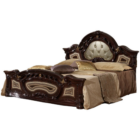 Lit baroque laqué acajou tête de lit capitonnée simili cuir beige Soraya 160x200