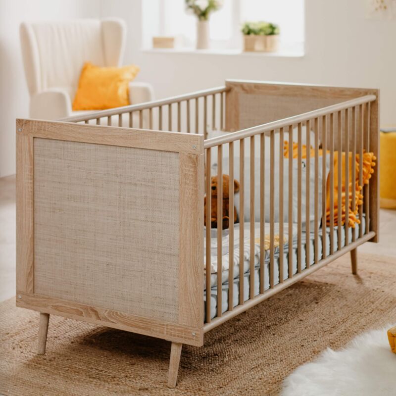 Terre De Nuit - Lit bébé à barreaux en bois clair imprimé cannage 70x140 - LT7085