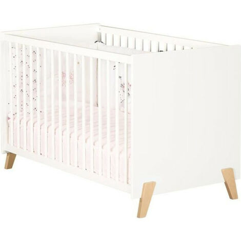 Lit bébé - 120 x 60 cm - Babyprice Joy Naturel - Blanc - Sur pieds en bois naturel