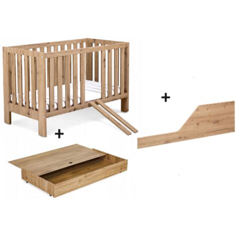 Lit bébé 120x60cm avec tiroir couleur et barrière de sécurité Chêne AMELIE Lit barreaux amovible