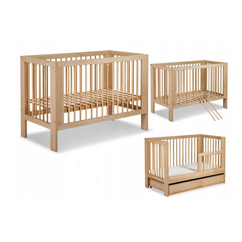 Lit bébé 120x60cm avec tiroir couleur et barrière de sécurité Hêtre olive Lit barreaux amovible