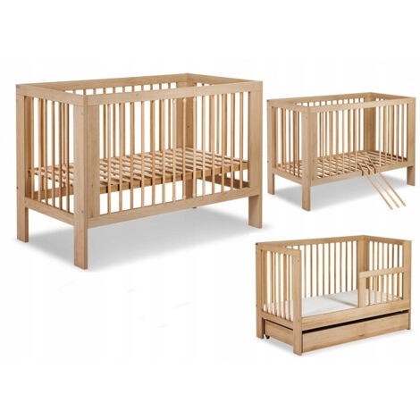 Lit bébé 120x60cm avec tiroir couleur et barrière de sécurité Hêtre OLIVE Lit barreaux amovible