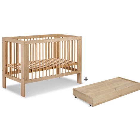 Lit bébé 120x60cm avec tiroir couleur Hêtre OLIVE Lit à barreaux amovible