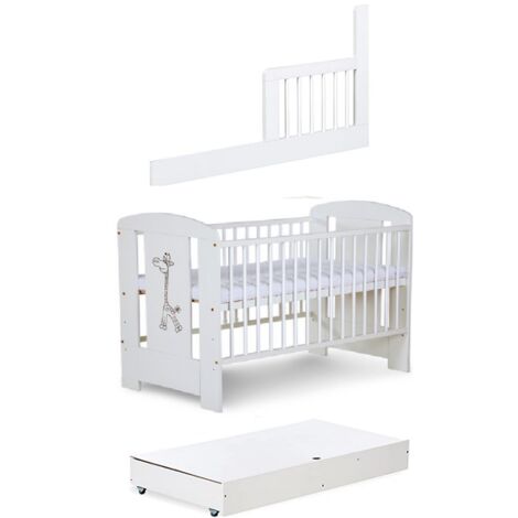 Lit bébé 120x60cm Blanc avec tiroir GIRAFE barreaux amovible et barrière de sécurité inclus