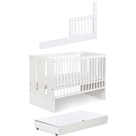 Lit bébé 120x60cm Blanc avec tiroir PAULA barreaux amovible et barrière de sécurité inclus