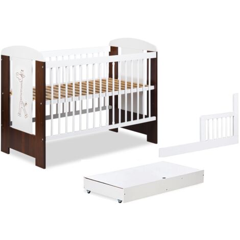 Lit bébé 120x60cm Blanc et noyer avec tiroir GIRAFE barreaux amovible et barrière de sécurité inclus