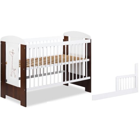 Lit bébé 120x60cm Blanc et noyer GIRAFE barreaux amovible et barrière de sécurité inclus