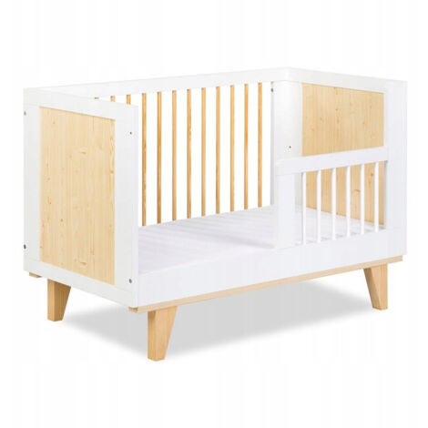 Lit bébé 120x60cm couleur Pin/Blanc LYDIE barreaux amovible et barrière de sécurité inclus