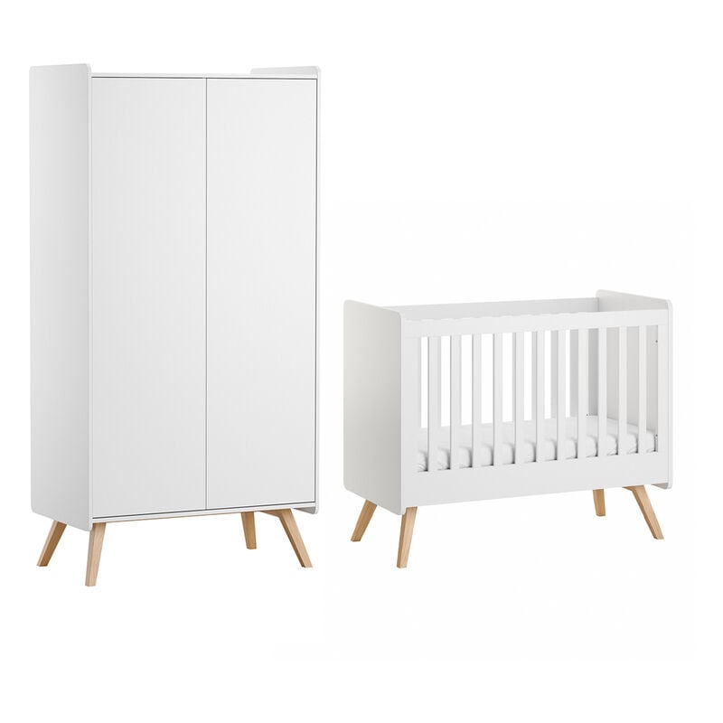 VOX - Lit bébé 60x120 et armoire 2 portes Vintage Blanc et Bois