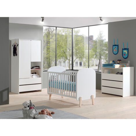 Lit bébé 60x120 Sommier Inclus, Commode 3 tiroirs, Plan à langer et Armoire 2 portes Vipack Kiddy - Blanc