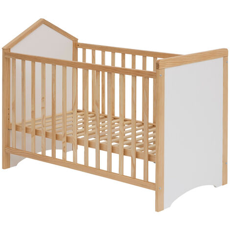 Lit bébé avec sommier intégré en bois coloris naturel, Blanc - Longueur 93 x Profondeur 66,5 x Hauteur 124 cm -PEGANE-