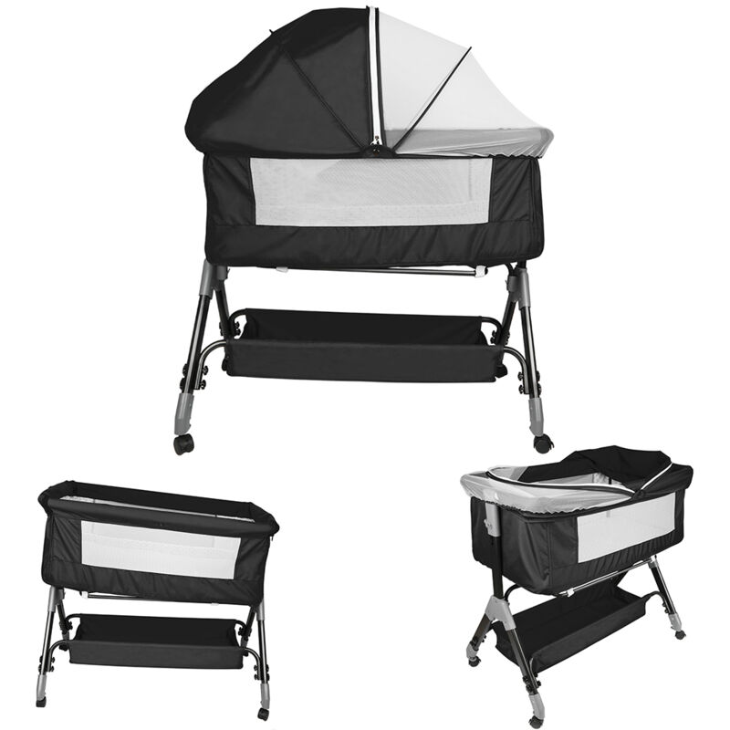 Lit Bébé Berceau Cododo, Lit Cododo Bebe Pliable, Côté Repliable, Hauteur Réglable, Fenêtre en Filet, Panier de Rangement Roues - Noir