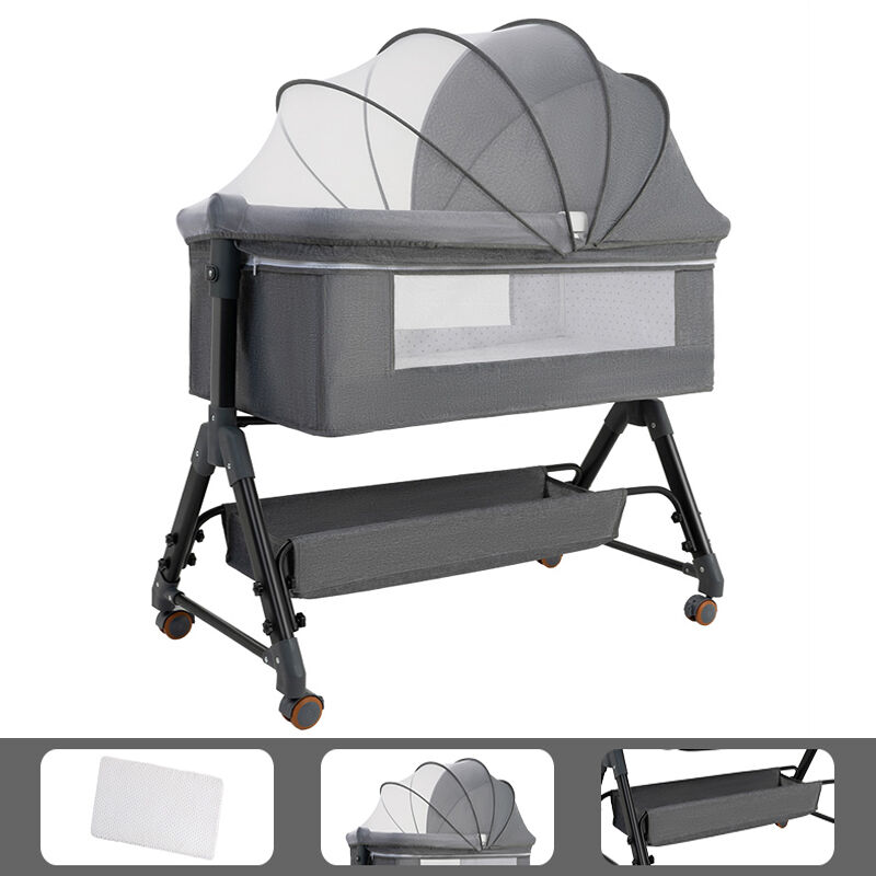 Lit Bébé Berceau Cododo pour Bébé 0-36 Mois, Lit Cododo avec Hauteur Réglable - Matelas Amovible, Panier de Rangement Roues - Gris