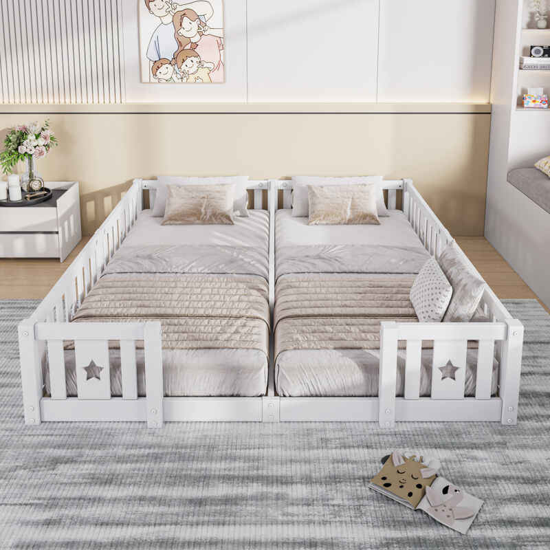 Lit bébé capitonné 90 x 200 cm avec barrières de sécurité, idéal pour les familles avec deux enfants, sommier à lattes, en pin, blanc (matelas non