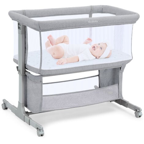 Lit Bébé Cododo 3 en 1,Lit Parapluie à 10 kg,Hauteur Réglable 7 Niveaux,avec Matelas,Côté Repliable,Maille Respirante - Gris Clair